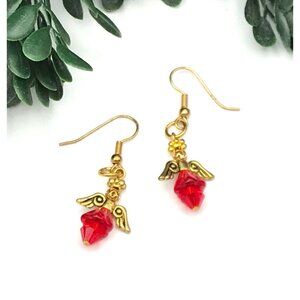 Vintage Angel Dangle Earrings With Red Crystal Beads Gold tone